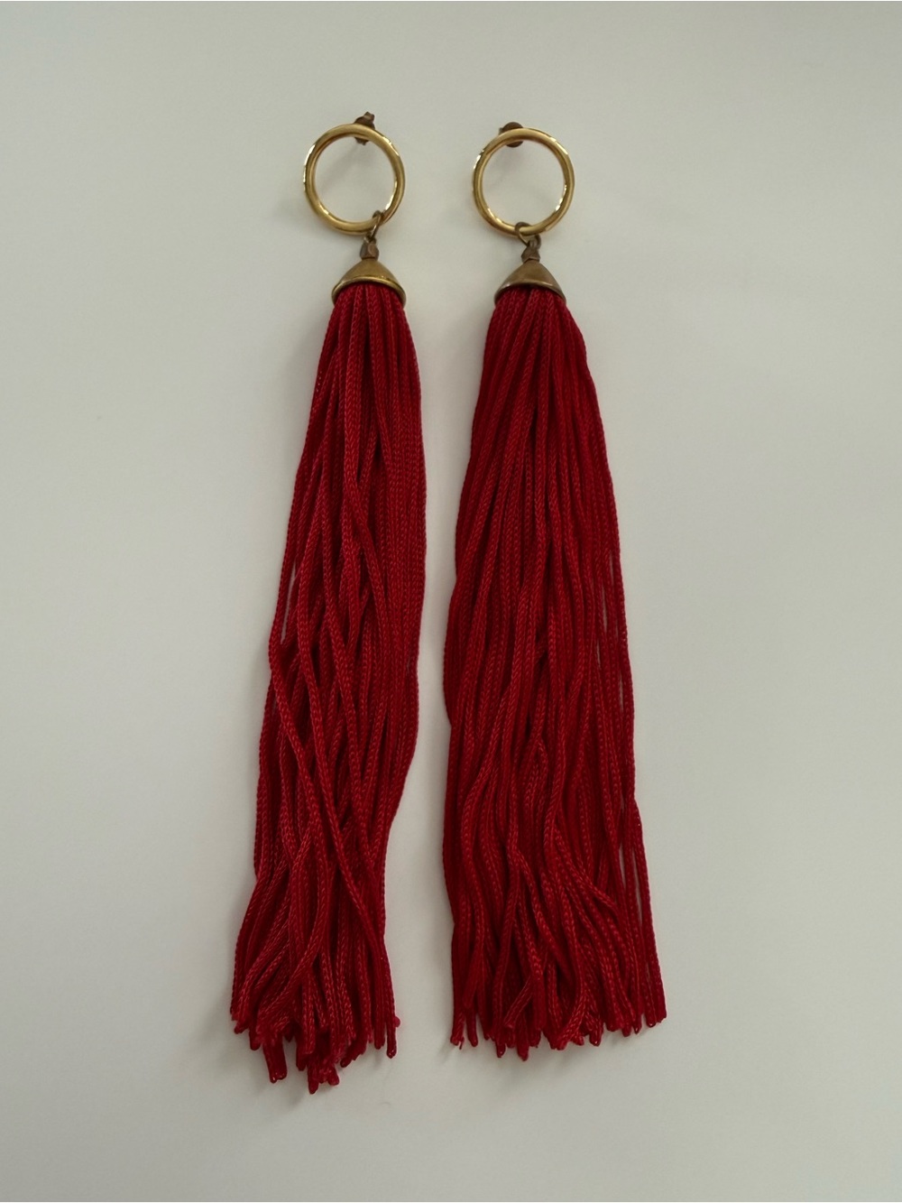 Vanessa Mooney Red Tassel Hoop Earrings with Gold Accents